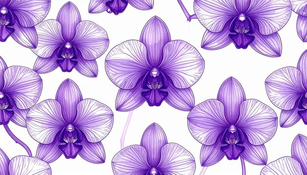 Elegant purple orchids arranged in a repeating pattern on a white background.