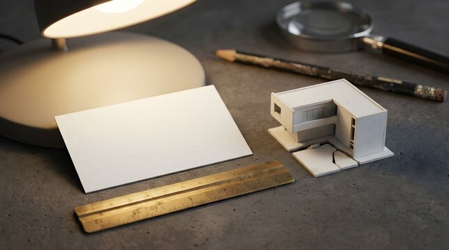 Small house model on a table with a lamp, ruler, pencil, and blank card at a workspace during evening hours