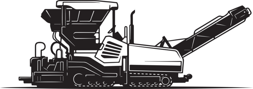 Asphalt paver, road construction machine, black and white vector, industrial equipment, paving vehicle