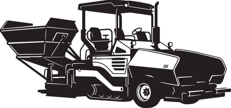 Asphalt paver, road construction vehicle, black and white illustration, paving machine, vector