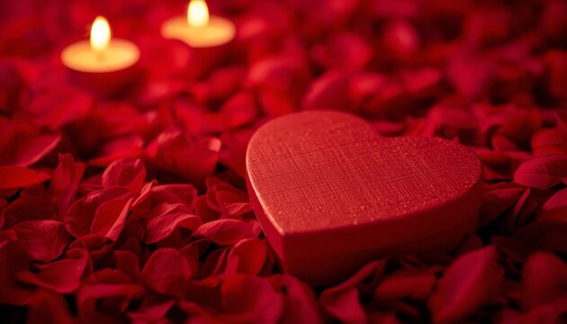 There is a heart shaped box sitting on a bed of rose petals with candles in the background