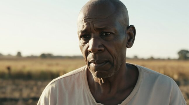 Black elderly man looks distressed in a dry field. His face shows sadness and worry about future harvest. Man is a farmer facing crop failure and hunger.