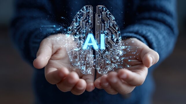 A person holds a glowing brain symbol with the letters AI representing artificial intelligence. ..Created with Generative AI, not depicting real subjects.
