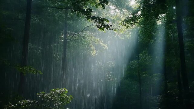 Ultra HD loop rain falling forest canopy light beams piercing leaves cinematic ambience