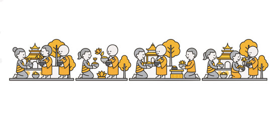 Fototapeta premium Almsgiving to Buddhist monks on Vesak day. Flat design line art illustration. Vector graphic isolated on transparent background