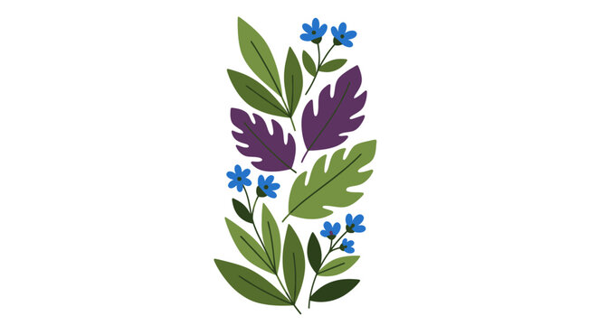 Vertical floral illustration with green and purple leaves and blue flowers