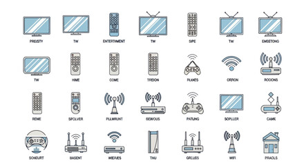Flat screen TV, remote controls, game controllers, routers, and wireless icons © Dodol Creative Stock
