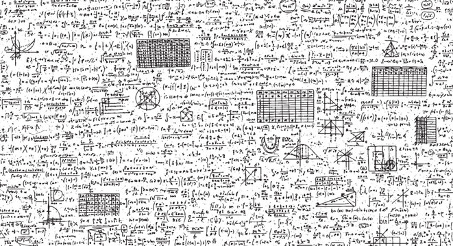 Intricate handwritten mathematical equations and formulas covering a white background