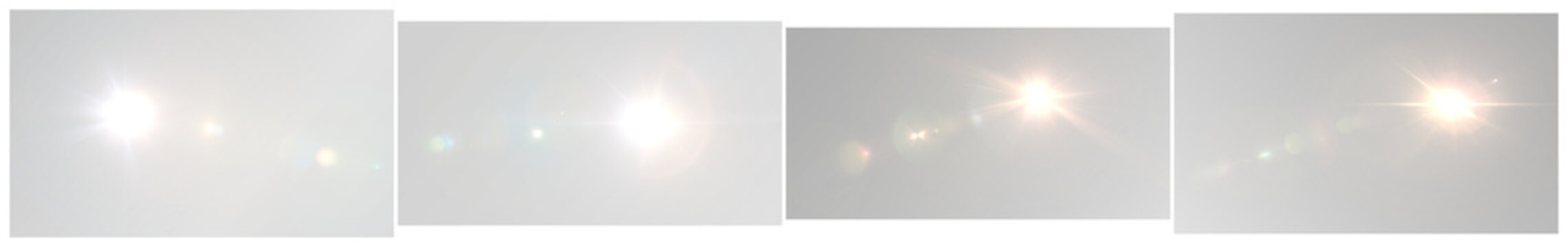 Diverse set of bright sunlight lens flare effects, capturing natural light and ethereal reflections for overlays.