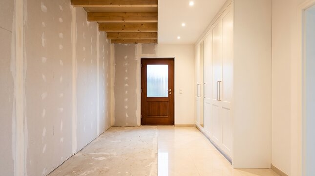 Hallway renovation progress: from drywall mudding to elegant finished space