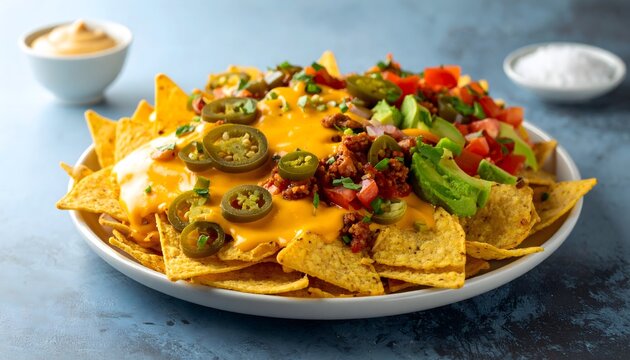 Delicious plate of nachos with cheese and vegetables.