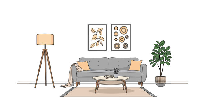 Modern and minimalist living room interior design featuring a grey sofa, wooden coffee table, floor lamp, potted plant, and wall art.
