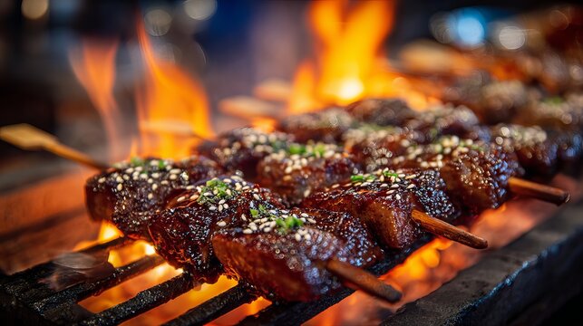 Skewers of grilled meat with sesame seeds sit on a barbecue, flames visible behind them outside, ready to eat.