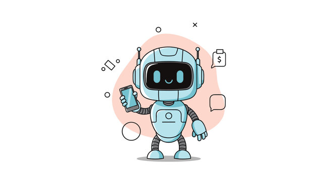 Illustration of a friendly white and blue robot holding a smartphone with speech bubbles and geometric shapes in the background.