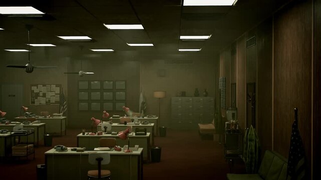 Retro investigative workspace filled with desks, lamps, and documents in a moody 1980s government office setting.