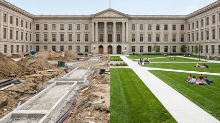Fototapeta premium Side-by-side view of a university campus under construction and completed.