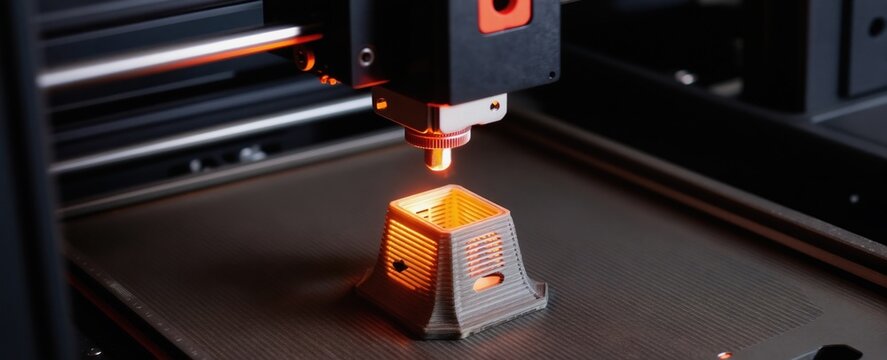 3D printer creates object layer by layer. Additive manufacturing process uses resin and laser. Technology builds custom parts for industry and hobbyists, showing innovation.