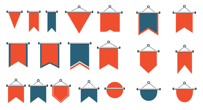 Variety of pennant and banner flag designs in red, dark blue, and white colors with different shapes and mounting styles for celebrations.