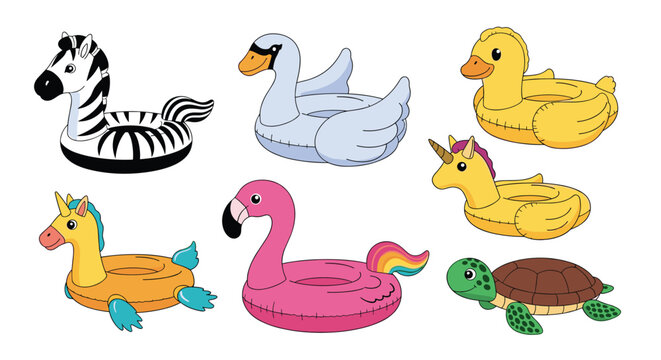 Group of colorful animal-shaped pool floats shaped like a zebra, swan, duck, unicorn, flamingo, and turtle for summer vacation fun.