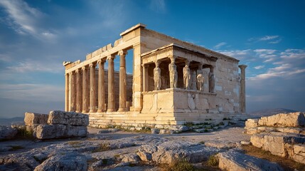 Fototapeta premium Athena Nike's temple, on Athens' Acropolis, glowed in morning light. This marble structure honors victory's goddess.
