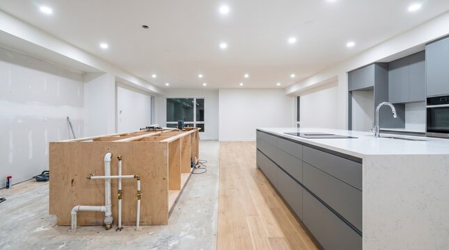 Modern Kitchen Renovation Progress with Unfinished and Finished Sections
