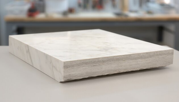 White marble stone slab with grey veining and polished top surface showcasing raw layered chiseled edge detail placed on neutral desk with blurred workshop background.
