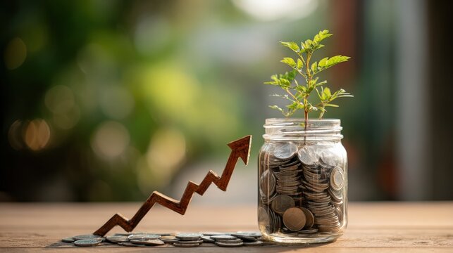 A visual metaphor of financial growth and prosperity, a young plant sprouts from a jar filled with coins, accompanied by a rising arrow. ..Created with Generative AI, not depicting real subjects.