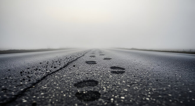 Footprints leading into dense fog on a wet asphalt road mysterious atmosphere