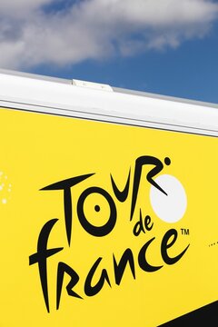 Nyborg, Denmark - July 2, 2022: Logo of Tour de France cycling on a wall. The Tour de France is an annual multiple stage bicycle race primarily held in France
