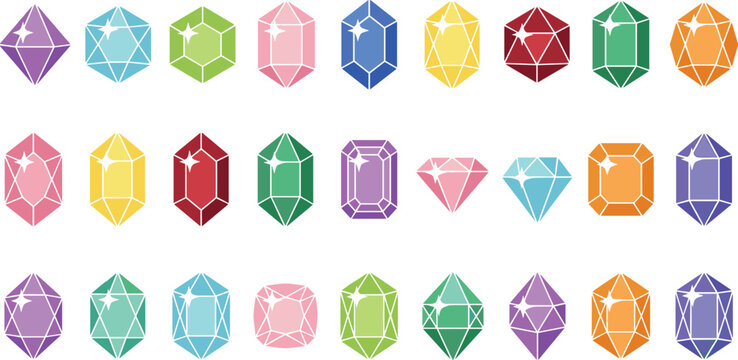 Colorful Gemstone and Crystal Icon Set with Diamond, Sapphire, Ruby, Emerald, and Amethyst Designs for Jewelry, Luxury, and Decoration Projects