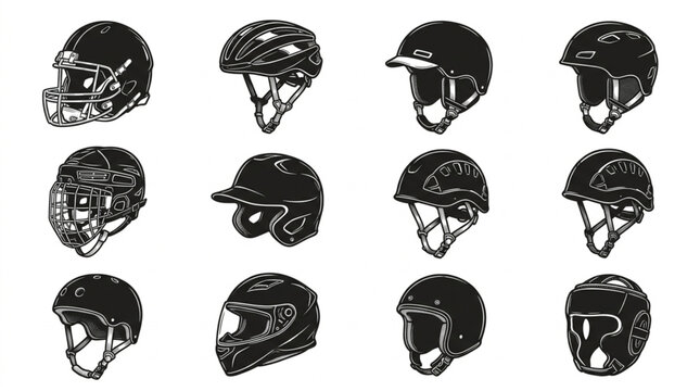 Variety of sports helmets for safety.