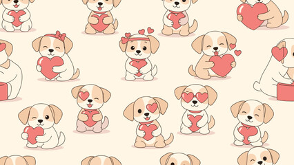 Naklejka premium Seamless pattern of cute cartoon puppies holding pink hearts on a light beige background for valentines day or romantic themes.