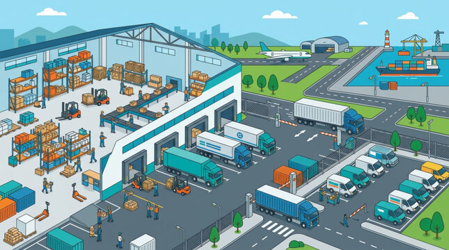 Trucks and containers at warehouse dock.