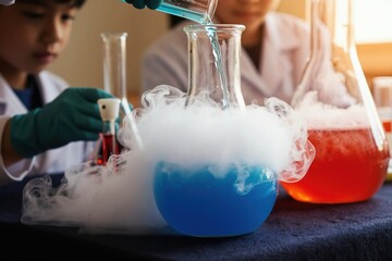 Fototapeta premium Kids in lab coats do science experiment with smoke from liquid nitrogen in flasks. Children learn chemistry with colorful liquids and gases, fun education in laboratory.