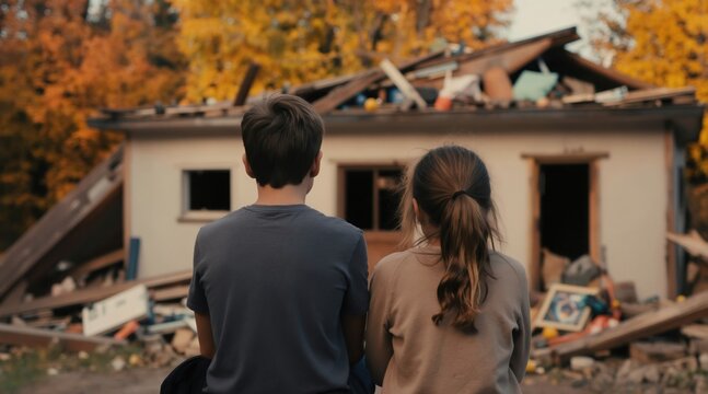 Children sit before destroyed house. Debris surrounds damaged home. Autumn trees show foliage, season changing. Family faces loss and ruin after event.
