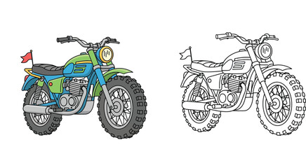 Naklejka premium Motorcycle and Dirt Bike Illustration with Coloring Page Outline, Scrambler Vehicle Vector Set for Kids Education, Creative Transport Graphic for Coloring Book and Design Projects