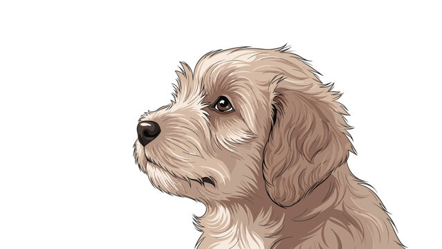 Profile portrait of a fluffy brown dog with long wavy hair looking up with a gentle expression on white background.