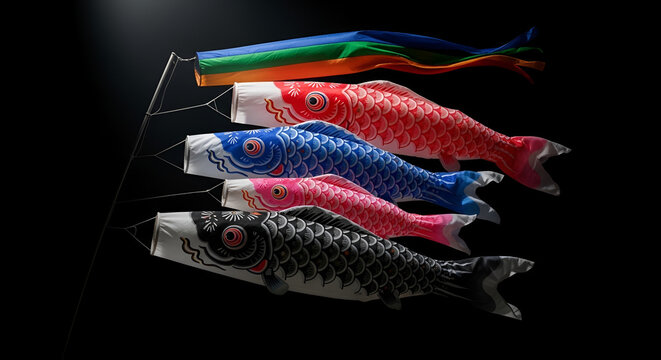 Japanese Koinobori carp streamers blowing in the wind against a dark background