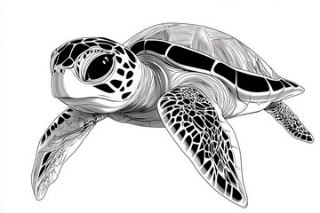 Obraz premium Oceanic Sea Turtle Outline Drawing, Underwater Wildlife Vector Illustration in Black and White Style