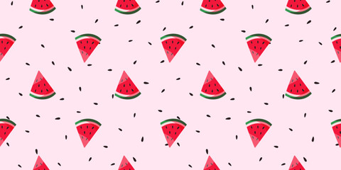 Watermelon seed berry illustration with melon background pattern seamless. Organic for hand drawn bg plus cute slice juicy. Red kawaii stripes and child friendly colorful texture within. © alia.kurianova