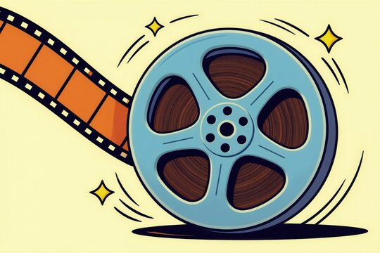 Retro film reel spins with bright orange filmstrip curving upwards. Creative cinema motion picture production entertainment concept with stars. Classic movie medium art.