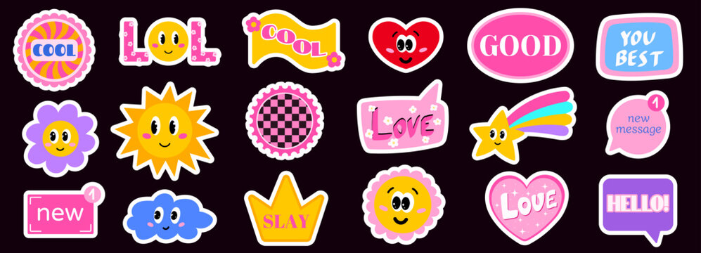 Sticker y2k and cute pop retro smiley with groovy year 2000 patch. Icon designs happy girl and fun rainbow element for slay. Flower love or boho emo heart themes through vibrant 00s