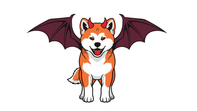 Spooky illustration of an orange dog with red demon horns and large dark wings standing with its mouth open.