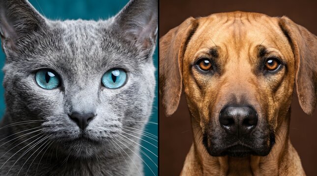 Split Screen Portrait: Blue-eyed Grey Cat and Brown Dog Facing Camera
