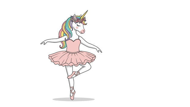 Whimsical illustration of a white unicorn dressed as a ballerina in a pink tutu performing a dance on one leg.