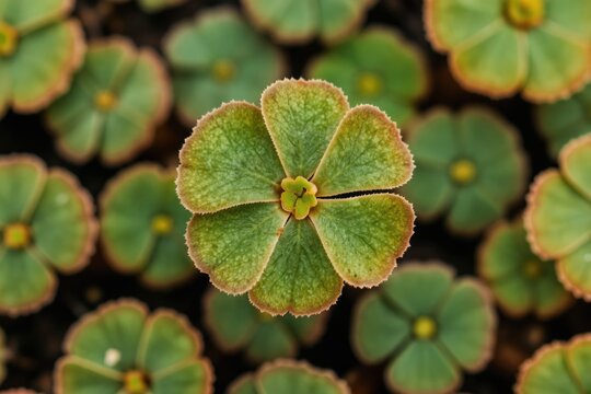 Common liverwort plant Marchantia polymorpha has circular green leaves with brown edges. This bryophyte grows low to ground. It looks like tiny green umbrellas.