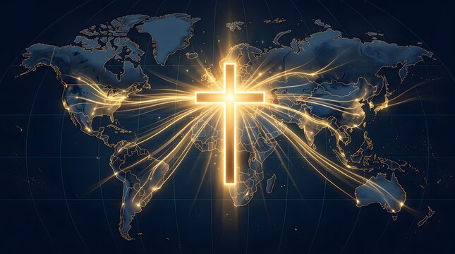 Glowing Christian Cross at Global Center, Interconnected World Map with Light Trails