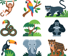 Fototapeta premium Collection of colorful cartoon jungle animals and tropical plants on transparent background