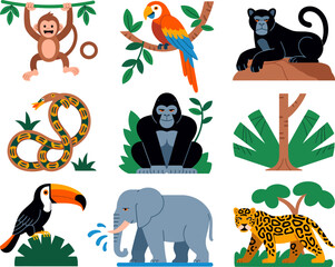 Fototapeta premium Collection of colorful cartoon jungle animals and tropical plants isolated on transparent background
