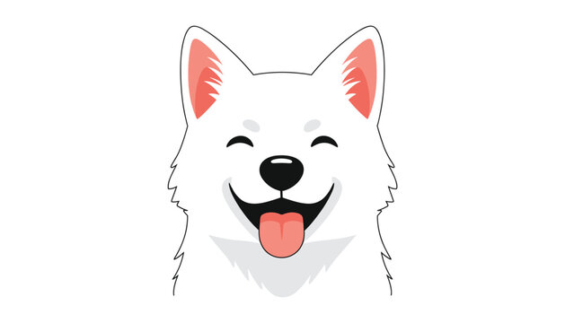 Joyful face of a fluffy white dog with pointy ears smiling widely with its pink tongue out in a cute vector illustration.